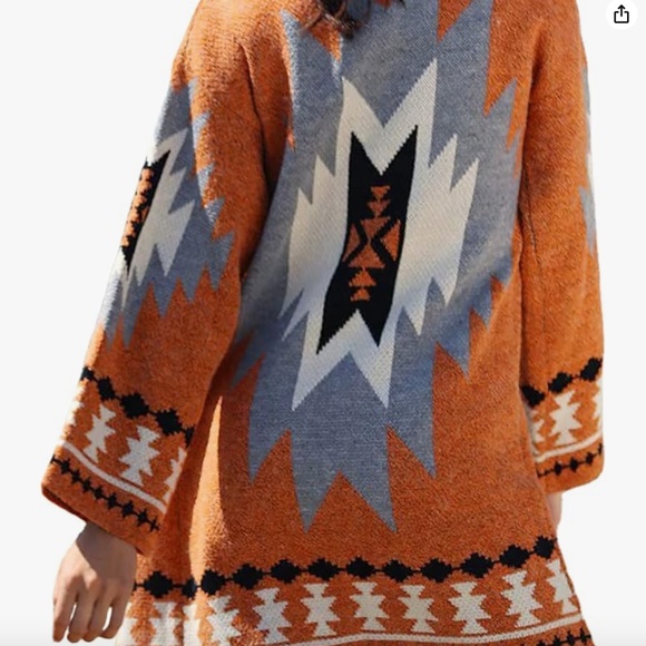 Orange & Gray Aztec Print Open Front Long Cardigan - Picture 2 of 6